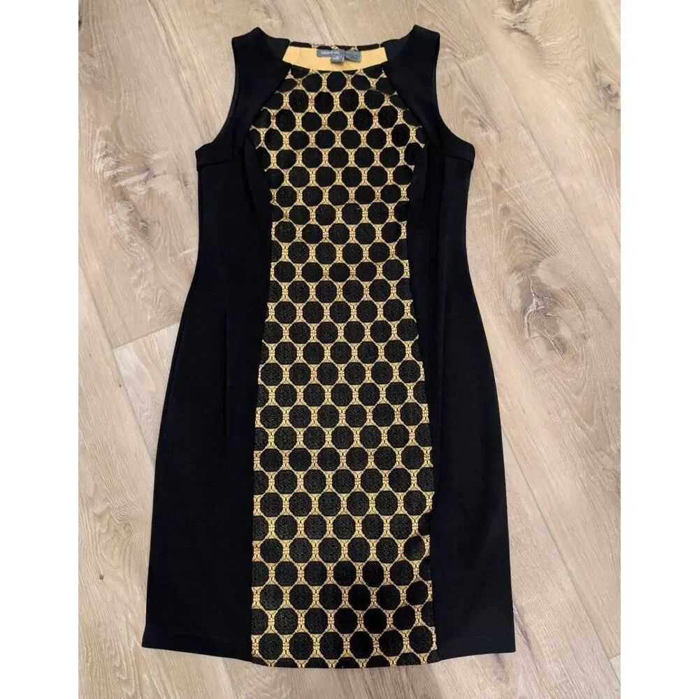 Donna Ricco Black Gold Geometric Sheath Dress Size 6 Career Cocktail Knee Length